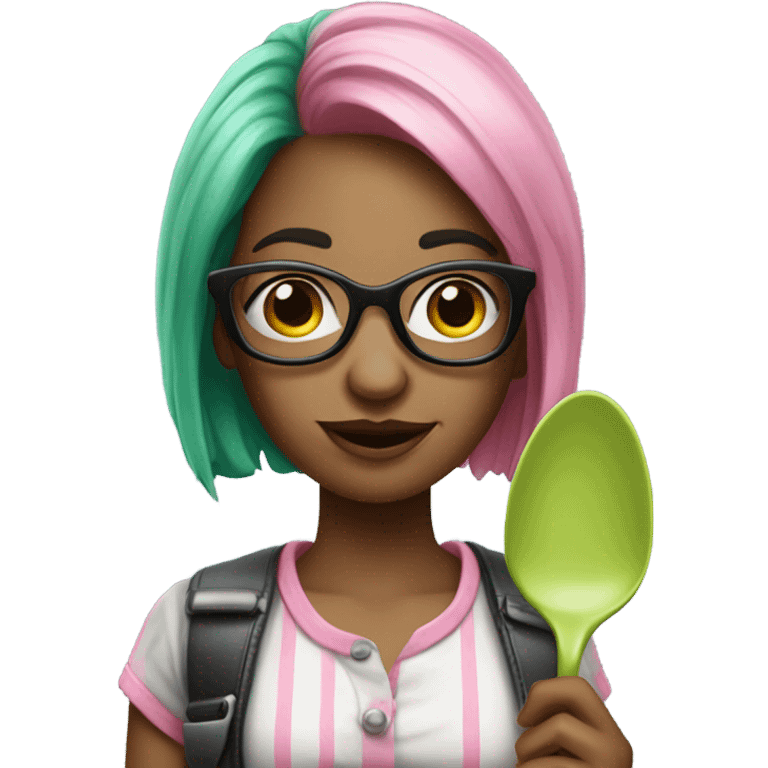 Realistic woman with green and pink hair and glasses holding a spoon emoji