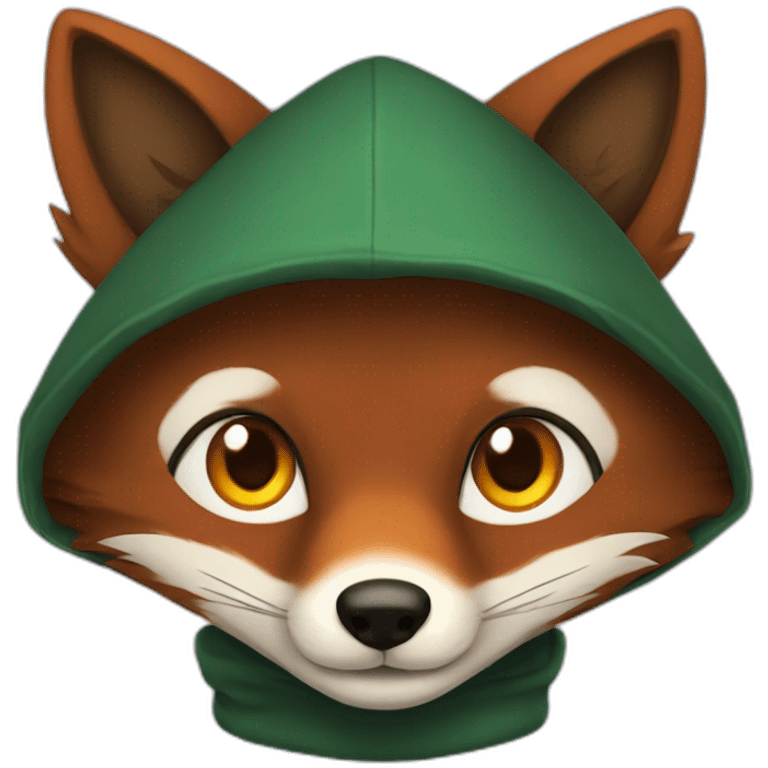 small dark brown fox with orange eyes and a dark green hood that smile emoji