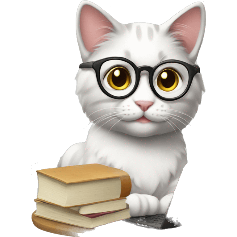 Beautiful Cat studying, glasses, books, laptop emoji