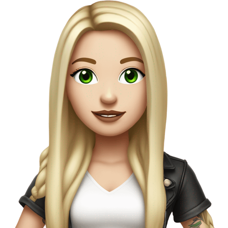 Realistic White girl with Long straight blonde hair, green eyes, tattoos, full body wearing white dress and pink knee-high leather boots, doing cute selfie pose emoji