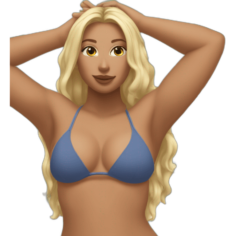 Slim-thicc Caucasian woman bikini hands in hair pose (beach body) emoji