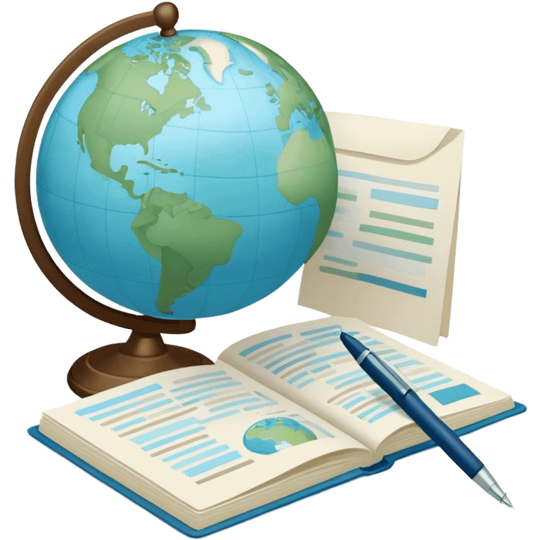 Create an emoji representing language translation. The design should feature a globe in the background, symbolizing international communication. In front of the globe, place two books or sheets of paper with texs on them and a pen nearby to indicate the act of writing. Use a clean and professional color palette with blues, greens, and neutral tones. Make the background transparent. emoji