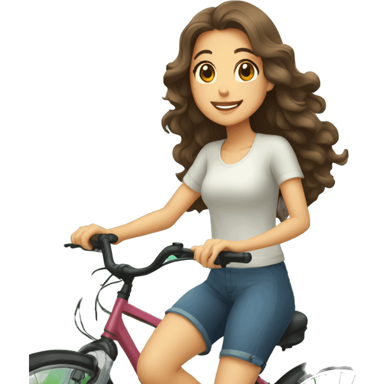 Fair looking Taiwanese girl with curly long hair riding bicycle early in the morning with trees in the background emoji