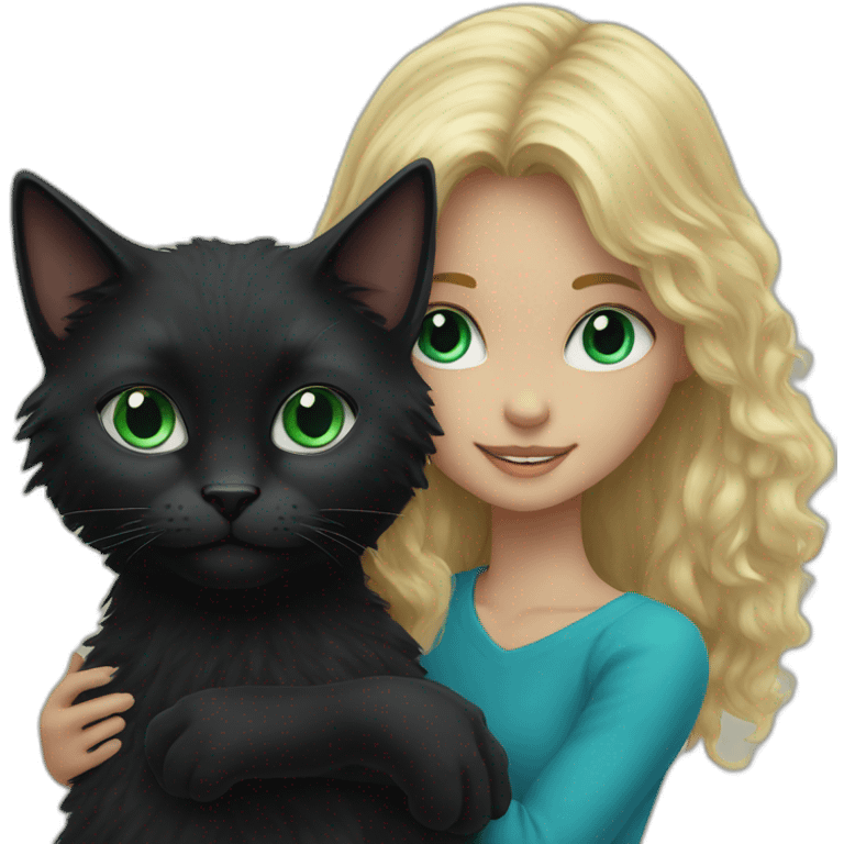 a black fluffy cat with blue eyes holds a blonde girl with green eyes emoji