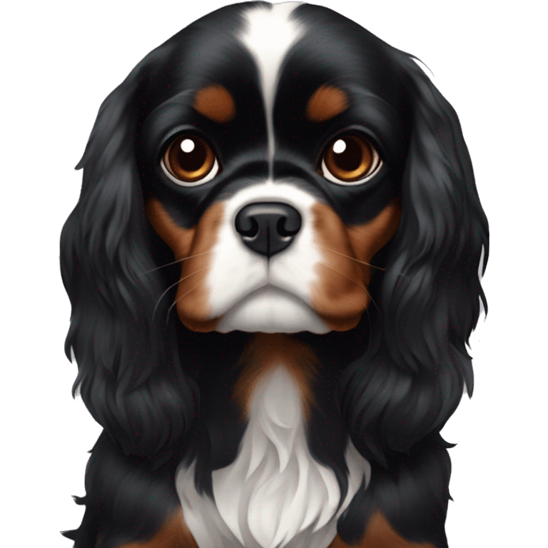 Small completely black king charles spaniel with black fur on his whole face and white fur on chest emoji