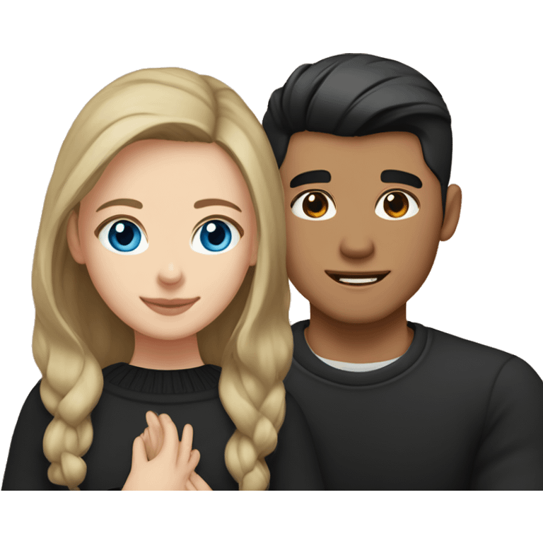 dark Blonde girl with blue eyes in black sweater and an east asian with light skin man with black hair and black eyes hugging emoji