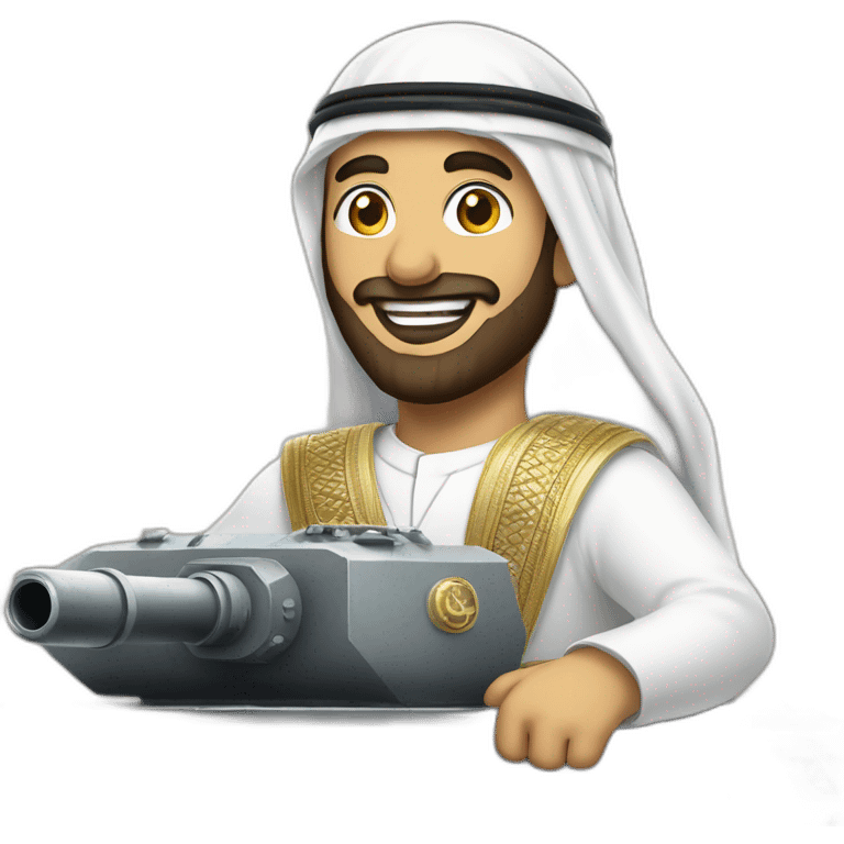 prince from Saudi Arabia with a beard in a white  shemagh national headdress riding  on a tank, smiling emoji