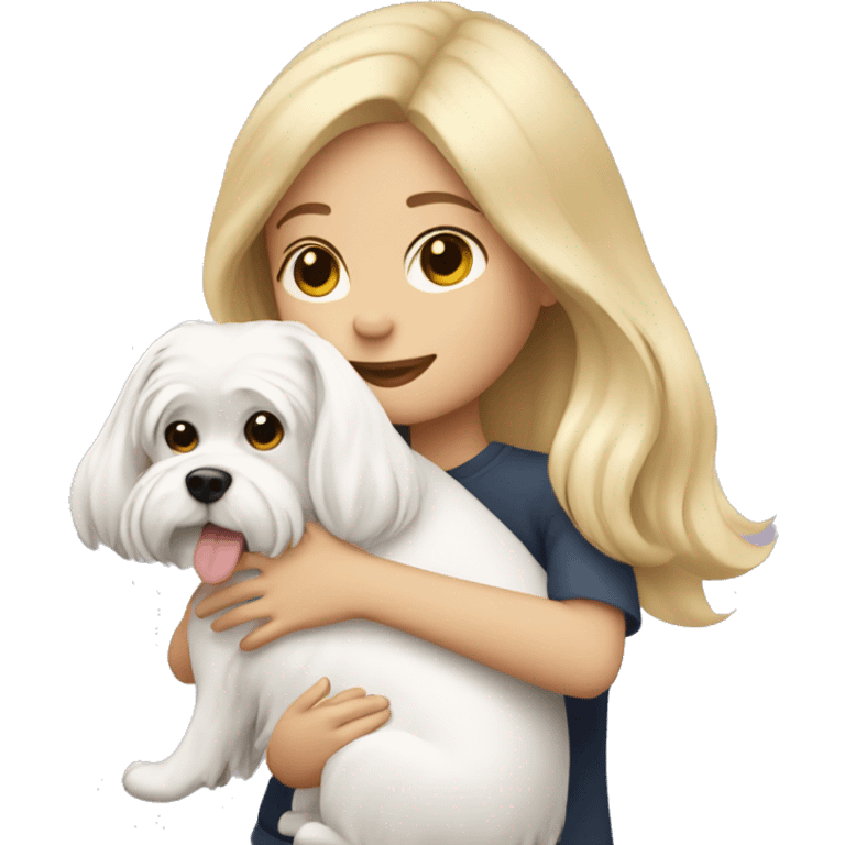 Girl with blonde hair hugging a Maltese dog emoji