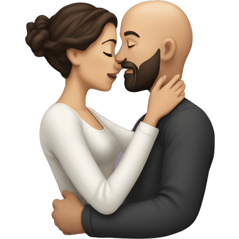 White Man bald with dark beard kissing short brown woman with long dark wavy hair emoji