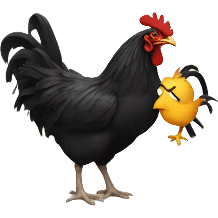 A chicken attacking a man with black curly hair emoji