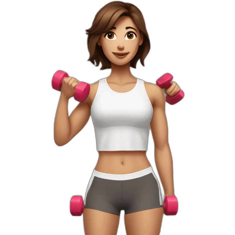 White beautiful fitness women with brown hair with dumbbells in their hands emoji