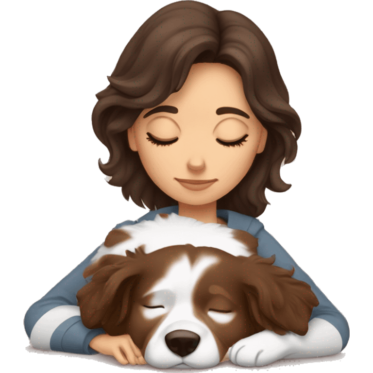 brunette woman sleeping with red tri australian shepherd emoji