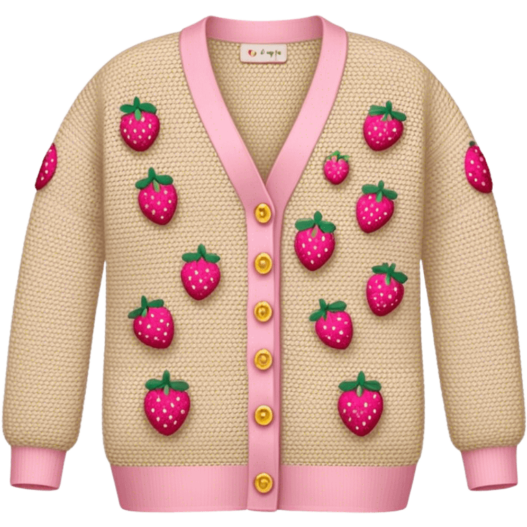 beige crocheted cardigan embroidered with small pink strawberries emoji