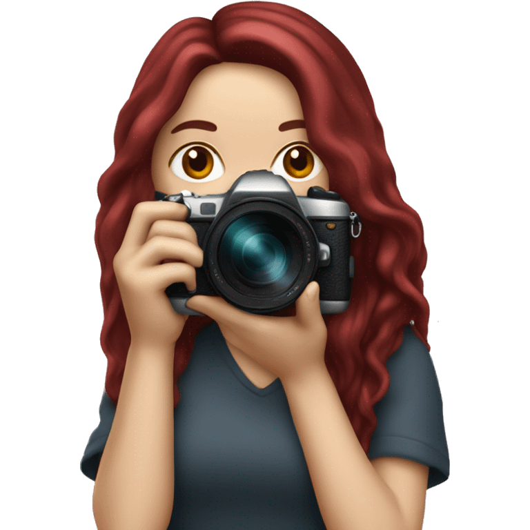 white girl photographer with long burgundy hair and Canon camera emoji