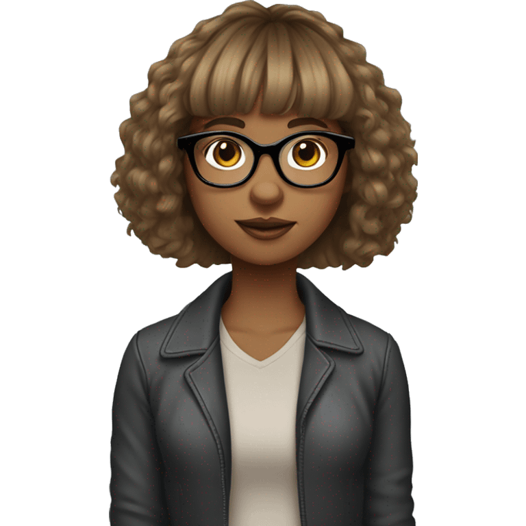 a girl with layerd cury hair and straight blended wispy bangs with glasses  emoji