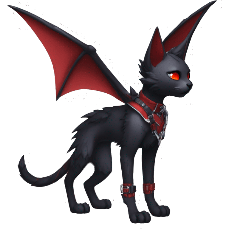 cool anthro edgy black punk red ethereal fantasy nargacuga-bat-cat-Fakemon collar harness full body emoji