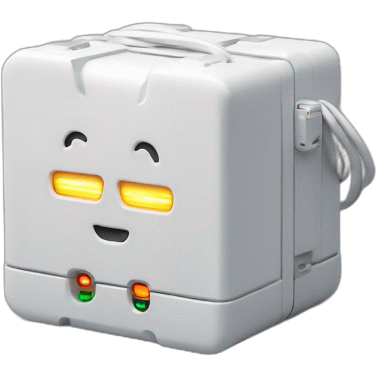 white box connected with cables indicated by blinking LED lights. THe box has a heartbeat label on it robot emoji