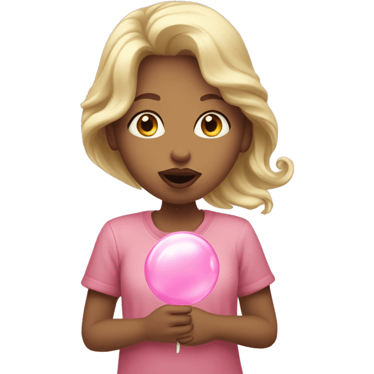 Caucasian girl blowing a light pink bubblegum bubble emoji