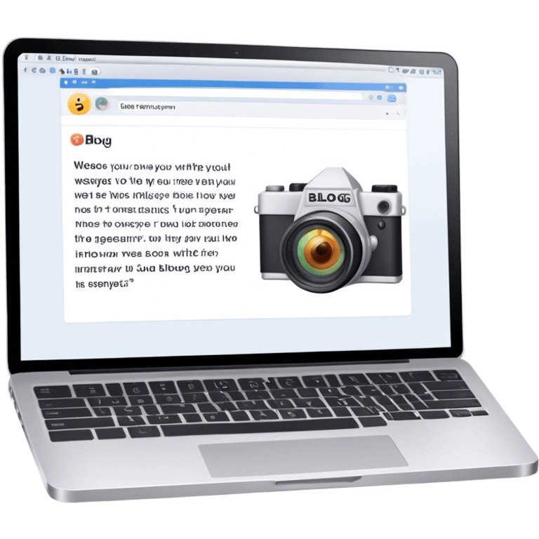 Create an emoji representing blogging. The design should feature an open laptop or tablet with a visible blog post on the screen, showing text. Add a photo or video camera to emphasize multimedia content. Do not include any emojis or smiley faces. Make the background transparent. emoji