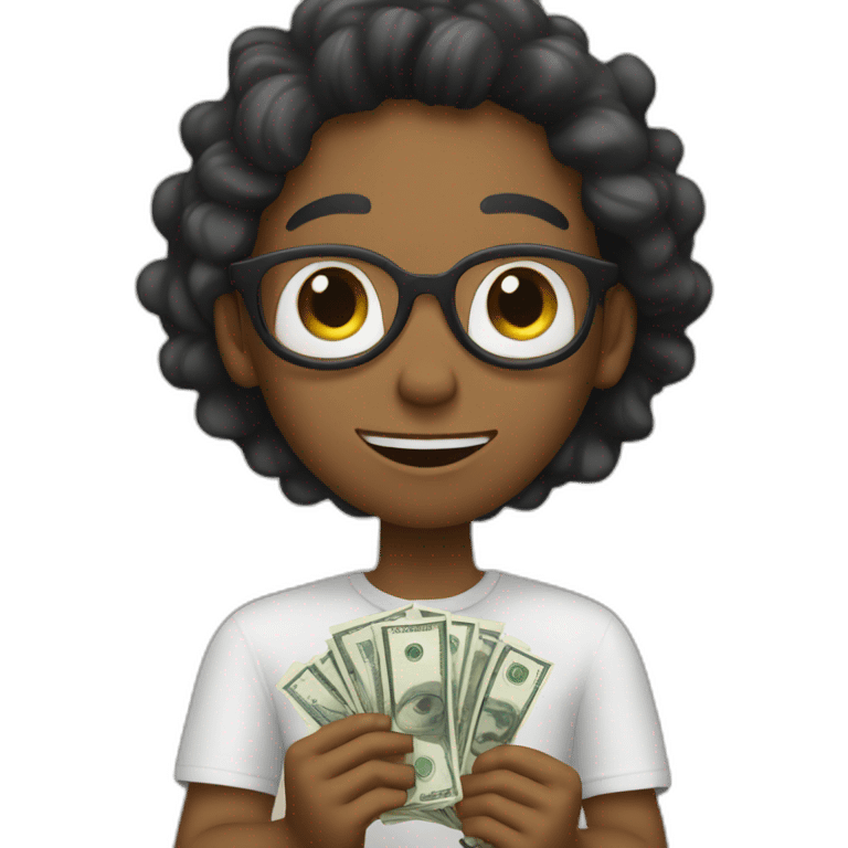 white kid is holding money while having 5 fingers on each hand. emoji