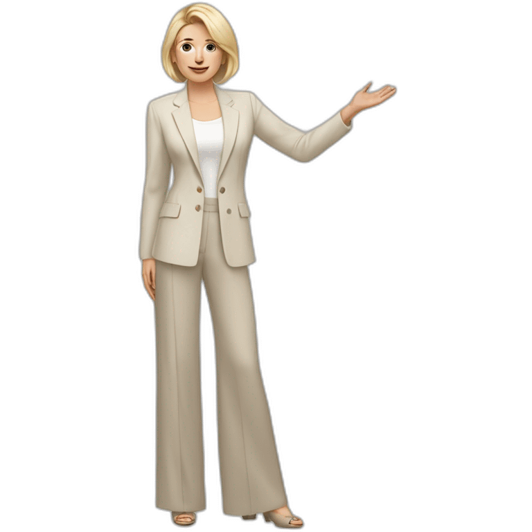 Full height Actively gesturing with hands pale skin woman with ash blonde Straightened bob Hair, White Spacious classical jacket, beige palazzo Arrow pants and gray blouse emoji