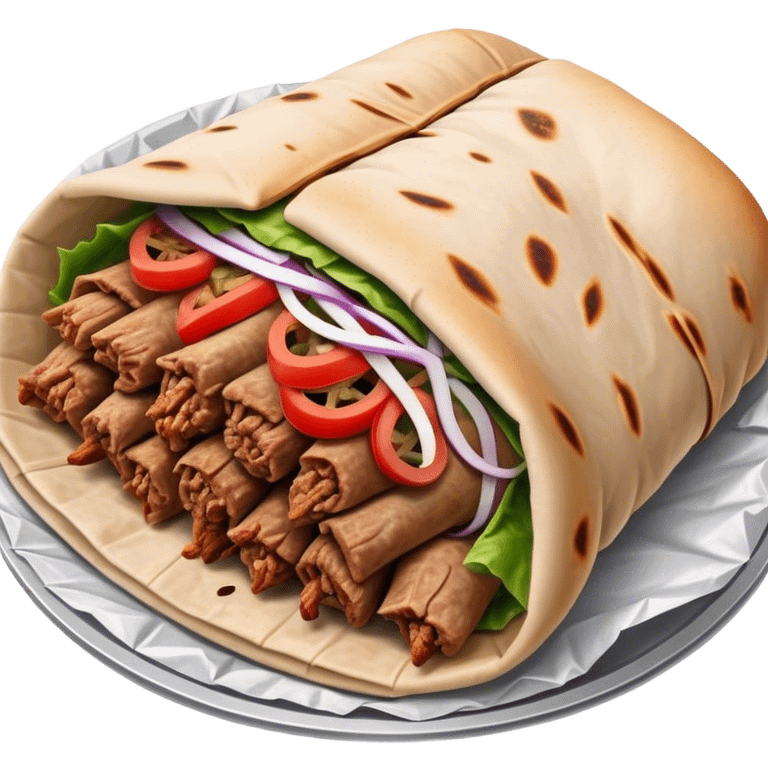 Doner Kebab Cinematic Realistic Doner Kebab Dish Emoji, depicted as iconic, spiced meat wrapped in foil and paper, rendered with lifelike textures and dynamic, appetizing lighting. emoji