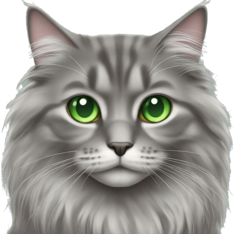 full picture of a grey long haired cat with green eyes emoji