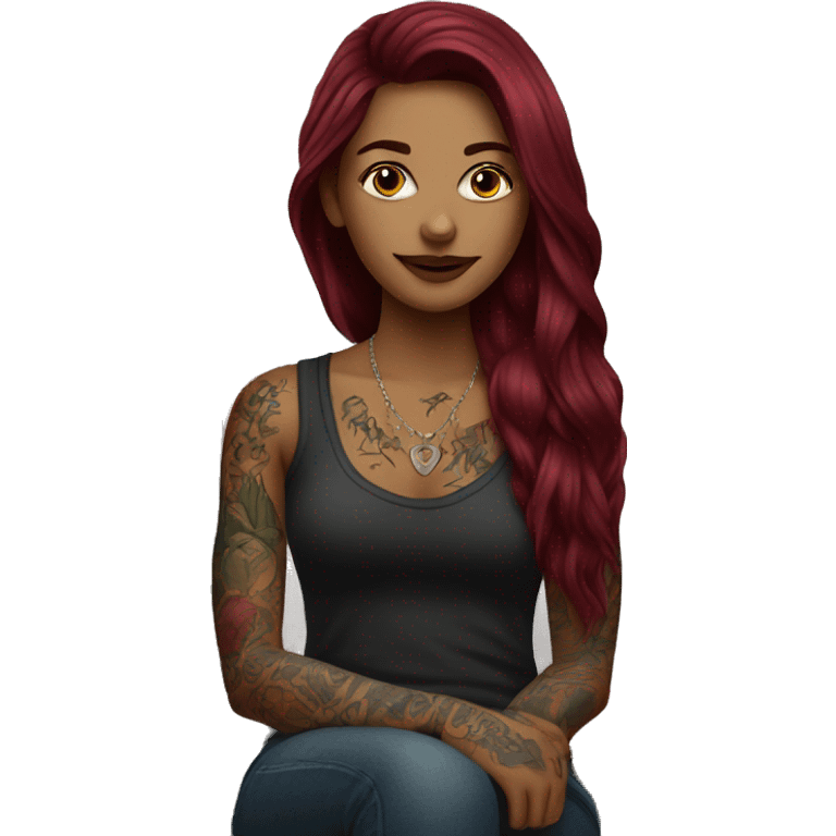 Beautiful tattooed burgundy long haired woman sitting on couch emoji