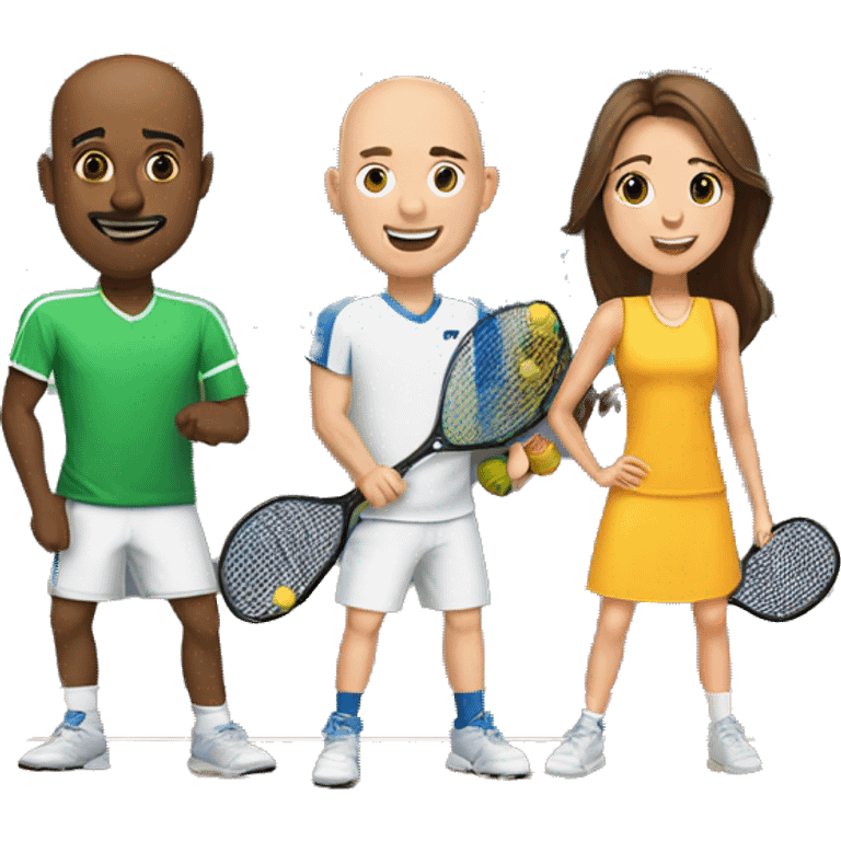 1 tall bald male, 1 shorter brown hair male, 1 girl with long brown hair, 1 girl  with brown hair all playing pickleball emoji