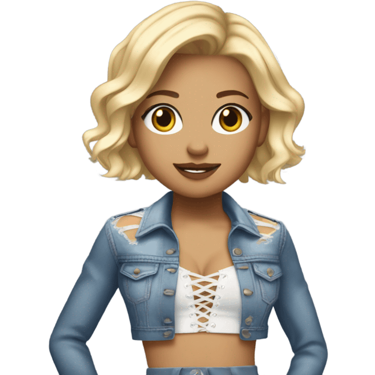 A blonde girl with short hair wearing a Shakira lace up croc top and short jeans and high heels  emoji