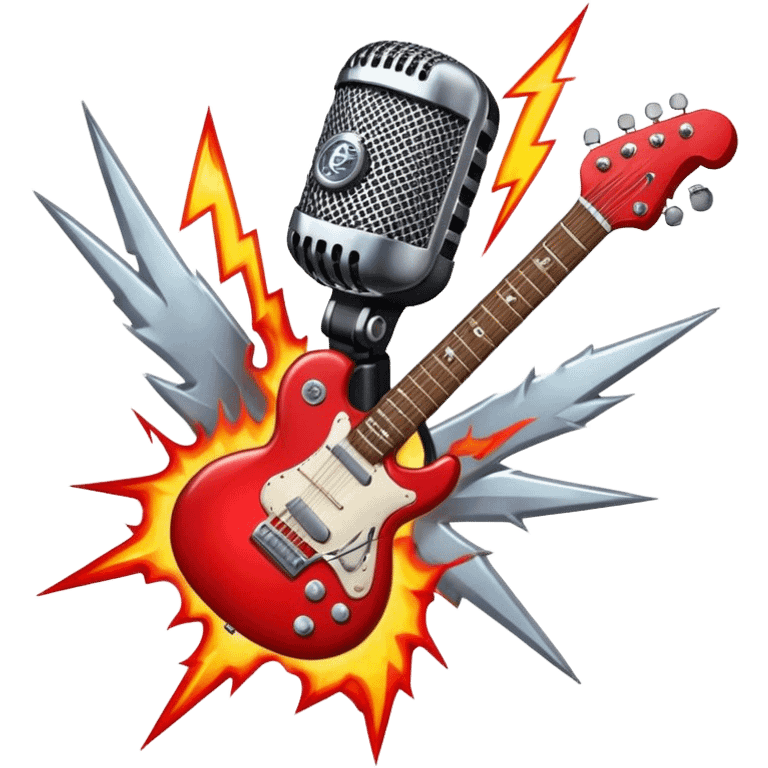 Create a bold and dynamic emoji representing rock vocal performance in a humanless collage. The design should feature a vintage microphone at the center, surrounded by key rock elements like an electric guitar, drumsticks, and a guitar pick. Include symbols of energy, such as lightning bolts or flames, and subtle musical notes or sound waves to evoke the raw power of rock vocals. Use dark, bold colors like black, silver, and red, with hints of chrome or metallic accents to convey the edgy, rebellious spirit of rock music. The background should be transparent. emoji