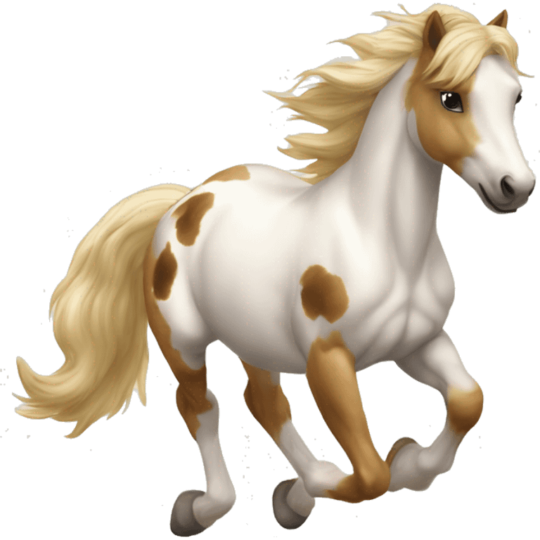 Scruffy Piebald tricolor palomino yellow brown pony with dark brown spots galloping running emoji