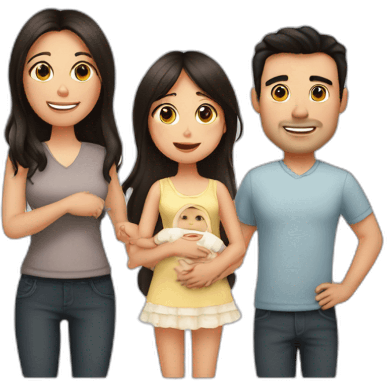 2 parents and a baby girl, the dad has black hair, Mum has long Brown hair and is prégnant emoji