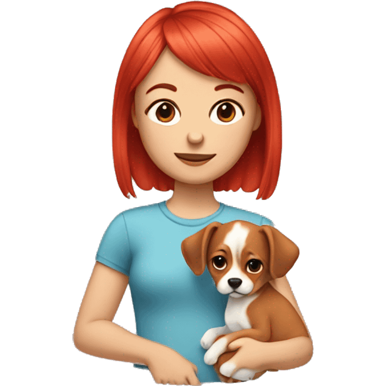 person with a red pixie and baby bangs, holding a puppy emoji