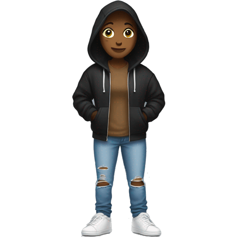 Full body women wearing a black hoodie and ripped blue jeans, white hightop shoes and brown long hai emoji