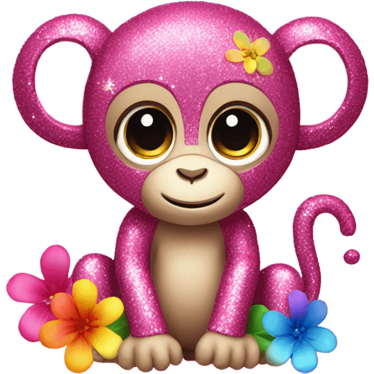 Pink ombre sparkly monkey with rainbow flowers emoji