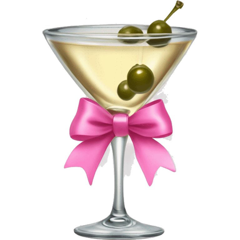 Martini glass with champagne colored liquid and and olive inside it with a pink bow on the rim emoji