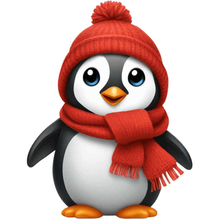 a baby penguin in a red scarf and hat emoji