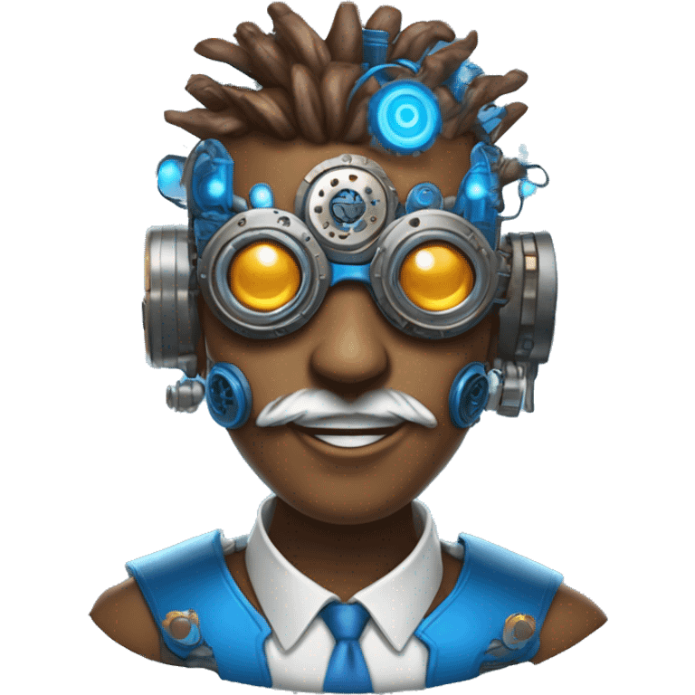 Brown cyborg head with blue Mohawk, blue beard, silver steampunk monocle goggles a smile and circuits emoji