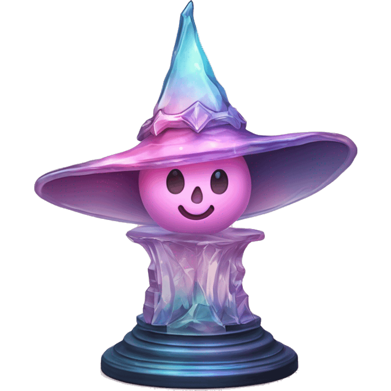 crystal sculpture witch hat with whimsical design. The hat is standing upright on a wooden stand with angular and baroque features. The vibrant midtone tints of pastels and pink highlights the sharp edges and planes.  emoji