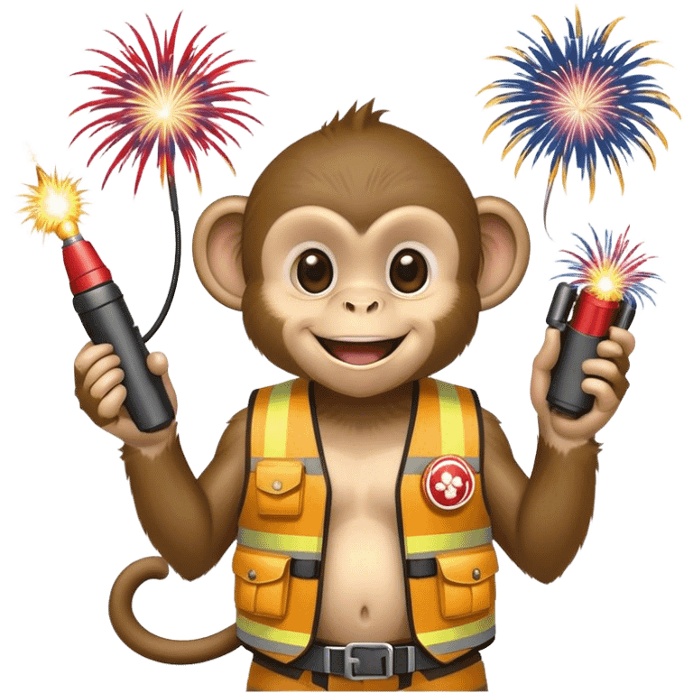 Baby monkey that is holding a detonator in one hand. The monkey is wearing a vest and smiling. On the monkey’s vest there are fireworks attached emoji