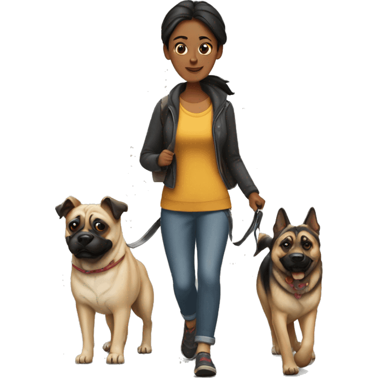 Woman Walking two dogs. Pug and German shepherd  emoji