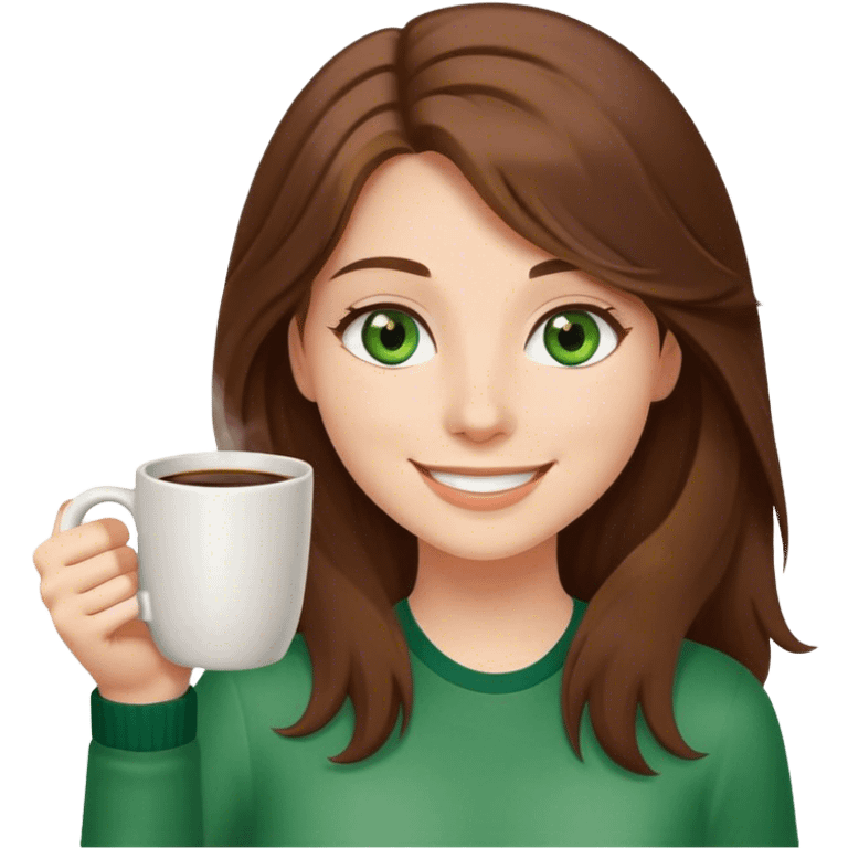 Long, Brown haired girl with middle hair part, with green eyes, smiling, waving with one hand, coffee mug in the other emoji