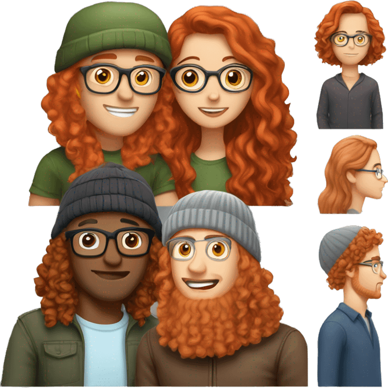 Red haired white couple kissing. Woman long hair with beanie. Man curly hair with glasses. emoji