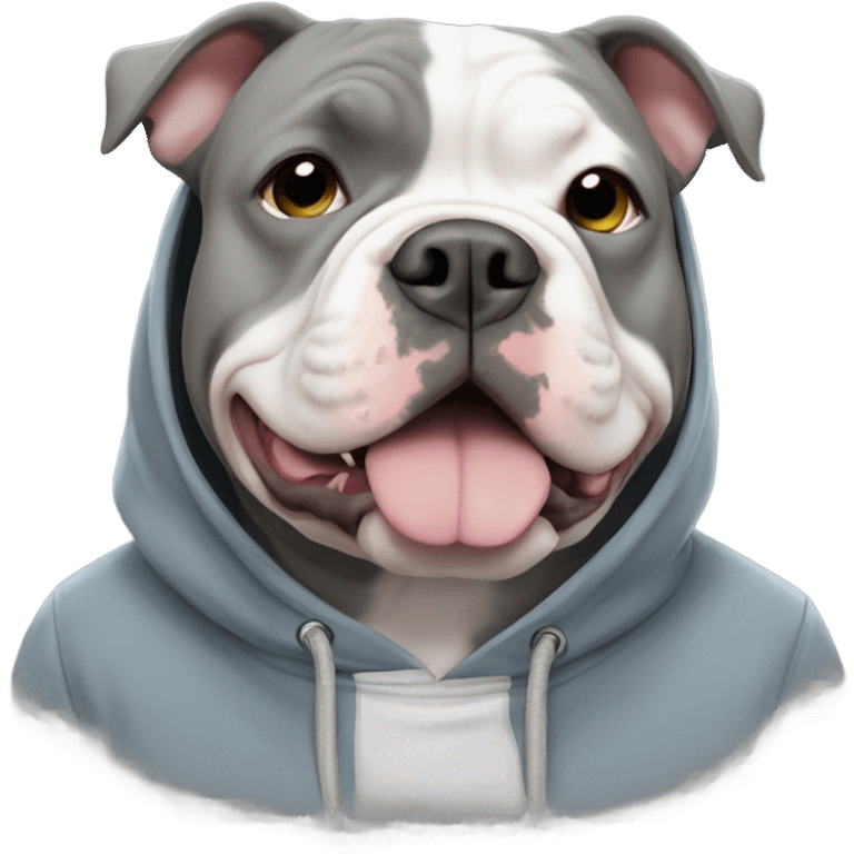 Grey and white American bully wearing a hoodie emoji