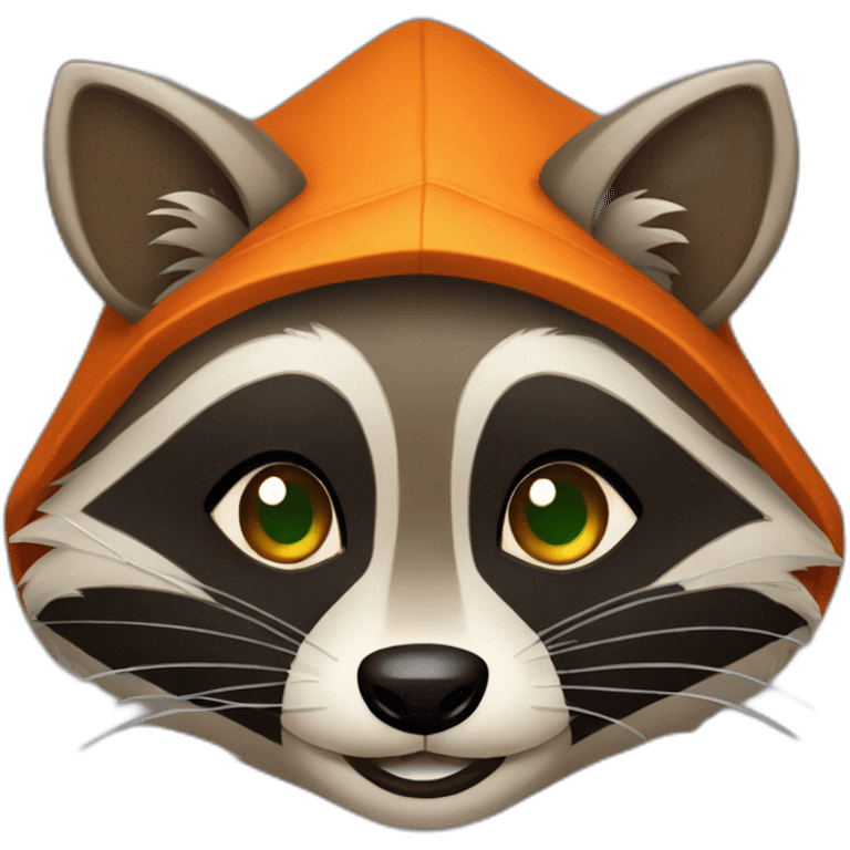 brown raccoon with orange eyes and a dark green hood that is smiling emoji