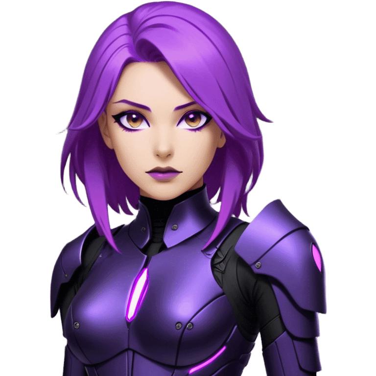 A sleek warrior woman with flowing purple hair, her sharp violet eyes glowing with quiet intensity. She wears a form-fitting black armored suit with smooth, seamless plating, a fusion of high-tech design and elegant minimalism. The matte black surface subtly reflects the dim ambient light, highlighting the streamlined contours of her suit. A slim, obsidian blade rests at her side, its edge barely visible in the soft glow of floating digital glyphs around her. Her expression is poised—calm, calculated, and unwavering, standing against a gradient-lit backdrop, where darkness meets the faintest hint of neon luminescence. emoji