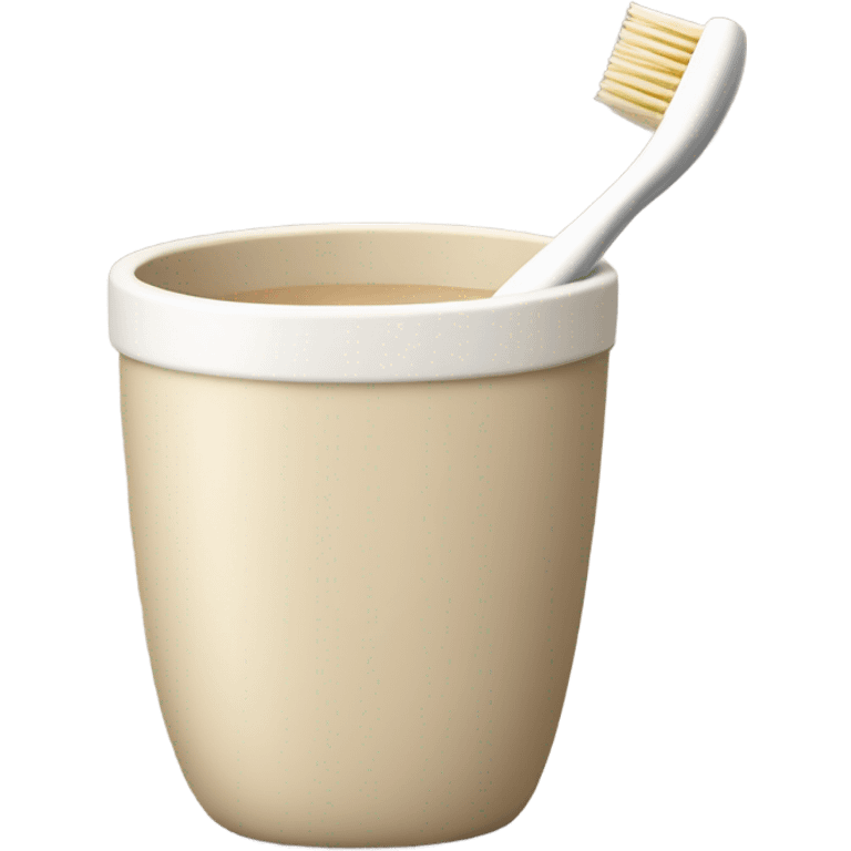 This set includes a beige toothbrush with a beige handle and a beige cup. The brush part is white. There is one toothbrush. The toothbrush is inside the cup. emoji