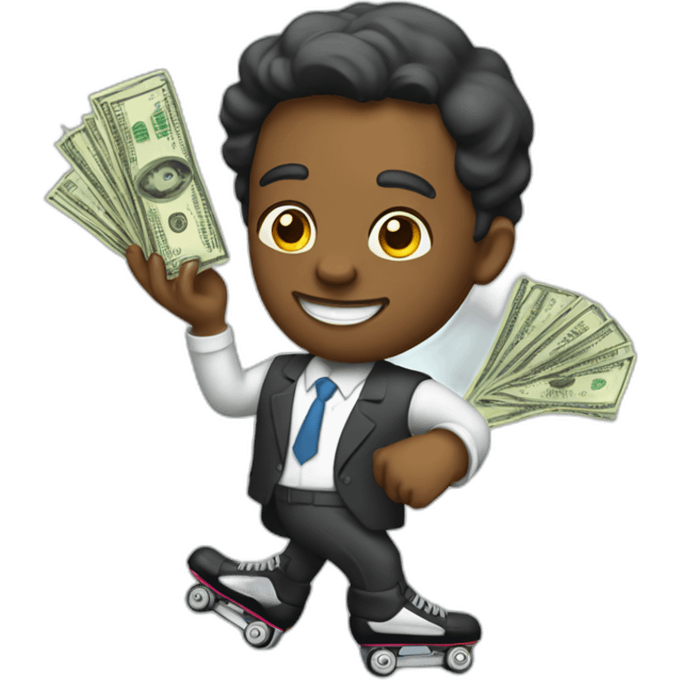 a banker with many dollars in his hand on roller skates emoji