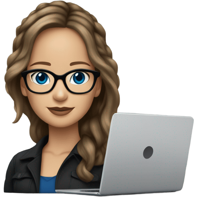 Realistic Photo of Brunette Jennifer Lawrence wearing black glasses and blue eyes  on a laptop  emoji